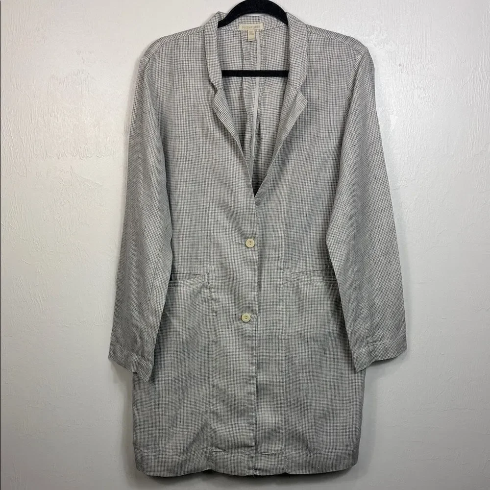 Eileen Fisher Organic Linen Longline Blazer Jacket Gray Check Size M